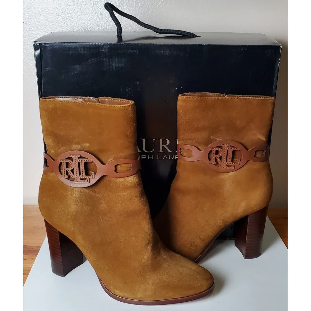 Ralph Lauren Abigael Brown Suede Leather‎ Booties Block Heel Classic Equestrian